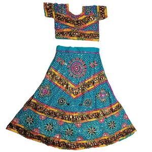 New Turquoise Colorful Cotton Banjara Chaniya Choli from Rajasthan Embroidery